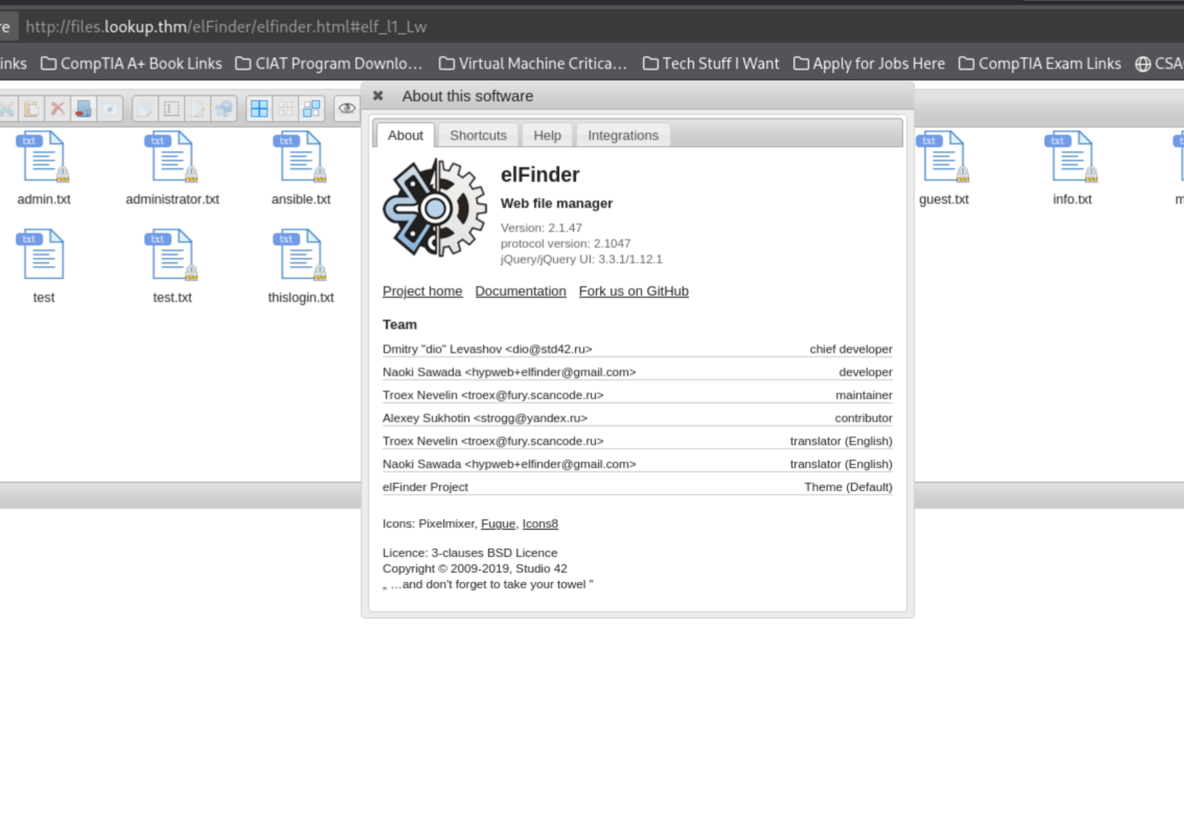 elFinder About window showing version 2.1.47